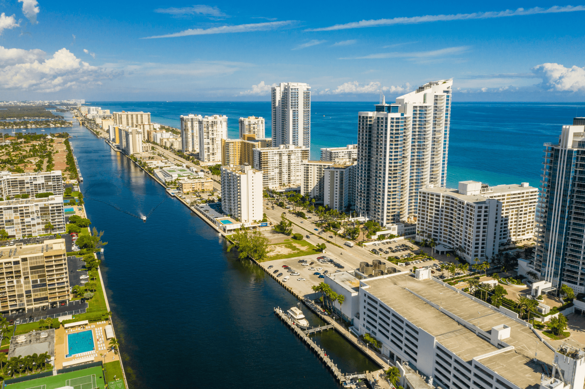 Aerial view of Delray Beach, FL neighborhoods with homes and waterfront views.