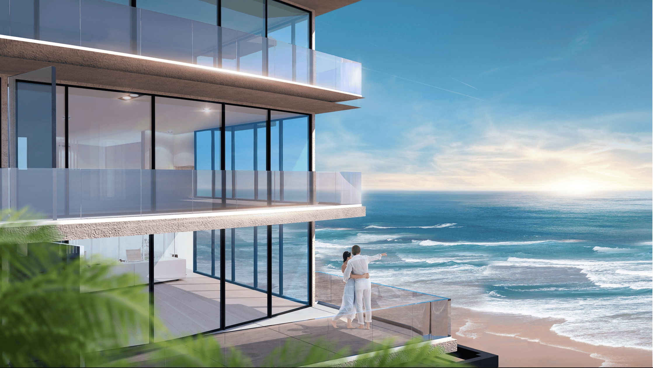 Eturna Beachside Condominiums in Hollywood, FL, overlooking the beach with lush landscaping.