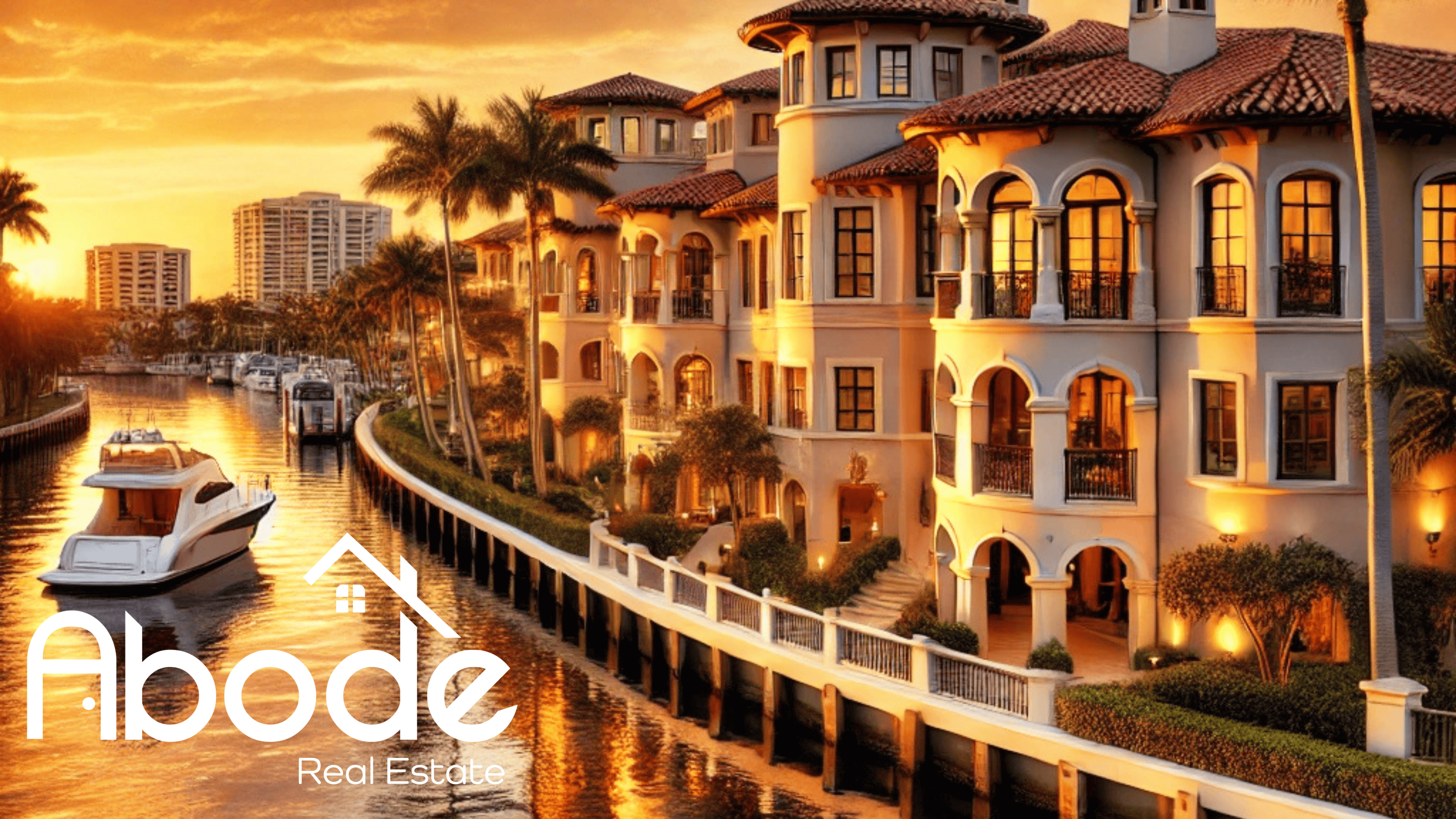 Waterfront view of Mizner Court Condominiums with Mediterranean architecture and palm-lined pool area.