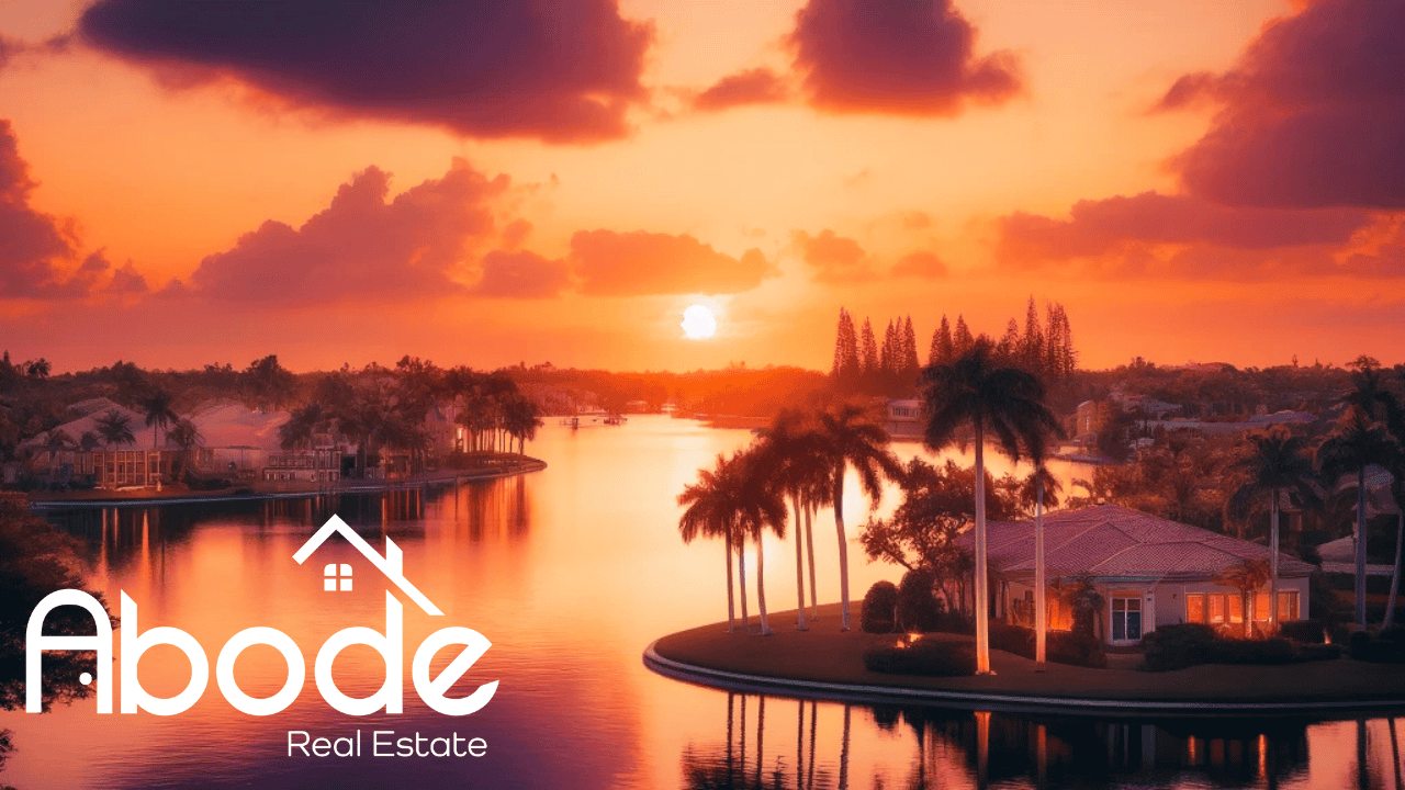 Aerial view of The Shores neighborhood in Jupiter, FL with lakes and oak-lined streets